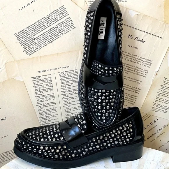 Anthropologie Bibi Lou Jaya Gem Loafers Black Leather Jewels - Picture 2 of 12